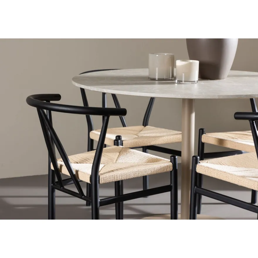 Pyöreä ruokailuryhmä Venture Home, Ø110cm beige Lycke-pöytä + 4 mustaa Alfons-tuolia