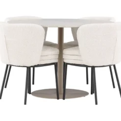 Pyöreä ruokailuryhmä Venture Home, Ø110cm beige Lycke-pöytä + 4 valkoista Agnes-tuolia, bouclé