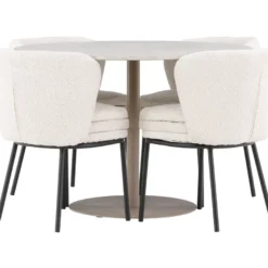 Pyöreä ruokailuryhmä Venture Home, Ø110cm beige Lycke-pöytä + 4 valkoista Agnes-tuolia, bouclé