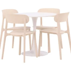Pyöreä ruokailuryhmä Venture Home, Ø80cm, valkoinen Hamden-pöytä + 4 beigeä Åstol-tuolia