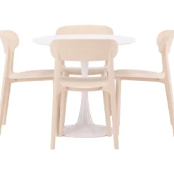 Pyöreä ruokailuryhmä Venture Home, Ø80cm, valkoinen Hamden-pöytä + 4 beigeä Åstol-tuolia