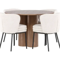 Pyöreä ruokailuryhmä Venture Home, Ø110cm Olivia-pöytä + 4 valkoista Agnes-tuolia, bouclé