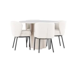 Pyöreä ruokailuryhmä Venture Home, Ø110cm Olivia-pöytä + 4 valkoista Agnes-tuolia, bouclé