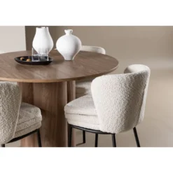 Pyöreä ruokailuryhmä Venture Home, Ø110cm Olivia-pöytä + 4 valkoista Agnes-tuolia, bouclé