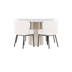 Pyöreä ruokailuryhmä Venture Home, Ø110cm Olivia-pöytä + 4 valkoista Agnes-tuolia, bouclé