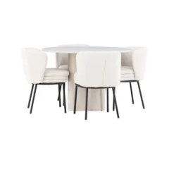 Pyöreä ruokailuryhmä Venture Home, Ø110cm Olivia-pöytä + 4 valkoista Agnes-tuolia, bouclé