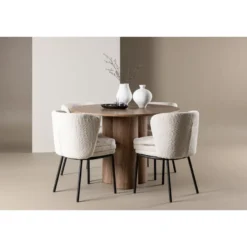 Pyöreä ruokailuryhmä Venture Home, Ø110cm Olivia-pöytä + 4 valkoista Agnes-tuolia, bouclé