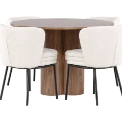Pyöreä ruokailuryhmä Venture Home, Ø110cm Olivia-pöytä + 4 valkoista Agnes-tuolia, bouclé