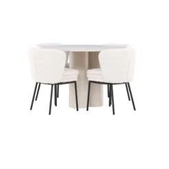 Pyöreä ruokailuryhmä Venture Home, Ø110cm Olivia-pöytä + 4 valkoista Agnes-tuolia, bouclé