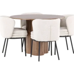 Pyöreä ruokailuryhmä Venture Home, Ø110cm Olivia-pöytä + 4 valkoista Agnes-tuolia, bouclé