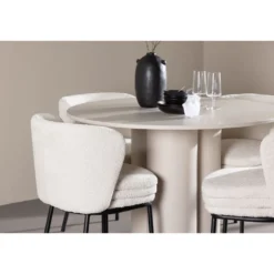 Pyöreä ruokailuryhmä Venture Home, Ø110cm Olivia-pöytä + 4 valkoista Agnes-tuolia, bouclé