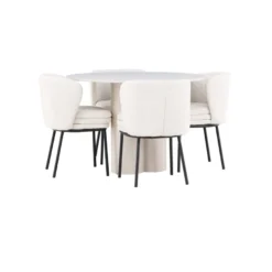 Pyöreä ruokailuryhmä Venture Home, Ø110cm Olivia-pöytä + 4 valkoista Agnes-tuolia, bouclé