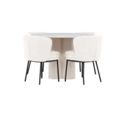 Pyöreä ruokailuryhmä Venture Home, Ø110cm Olivia-pöytä + 4 valkoista Agnes-tuolia, bouclé