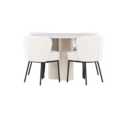 Pyöreä ruokailuryhmä Venture Home, Ø110cm Olivia-pöytä + 4 valkoista Agnes-tuolia, bouclé