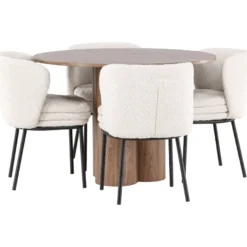 Pyöreä ruokailuryhmä Venture Home, Ø110cm Olivia-pöytä + 4 valkoista Agnes-tuolia, bouclé