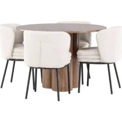 Pyöreä ruokailuryhmä Venture Home, Ø110cm Olivia-pöytä + 4 valkoista Agnes-tuolia, bouclé