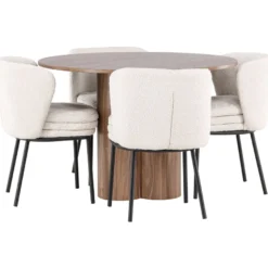 Pyöreä ruokailuryhmä Venture Home, Ø110cm Olivia-pöytä + 4 valkoista Agnes-tuolia, bouclé