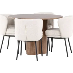 Pyöreä ruokailuryhmä Venture Home, Ø110cm Olivia-pöytä + 4 valkoista Agnes-tuolia, bouclé