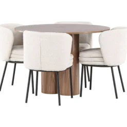 Pyöreä ruokailuryhmä Venture Home, Ø110cm Olivia-pöytä + 4 valkoista Agnes-tuolia, bouclé