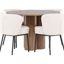 Pyöreä ruokailuryhmä Venture Home, Ø110cm Olivia-pöytä + 4 valkoista Agnes-tuolia, bouclé