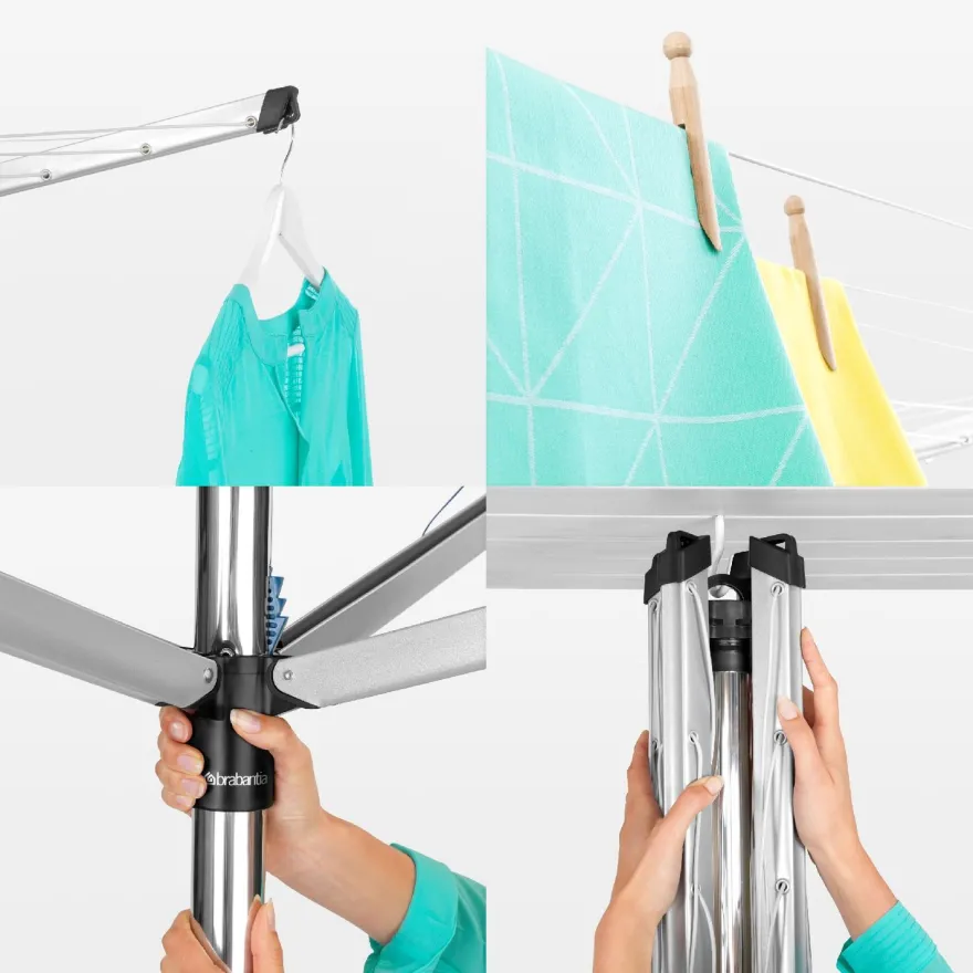 Pyykinkuivausteline Brabantia Topspinner, 50m + metallinen maatuki + suojapussi