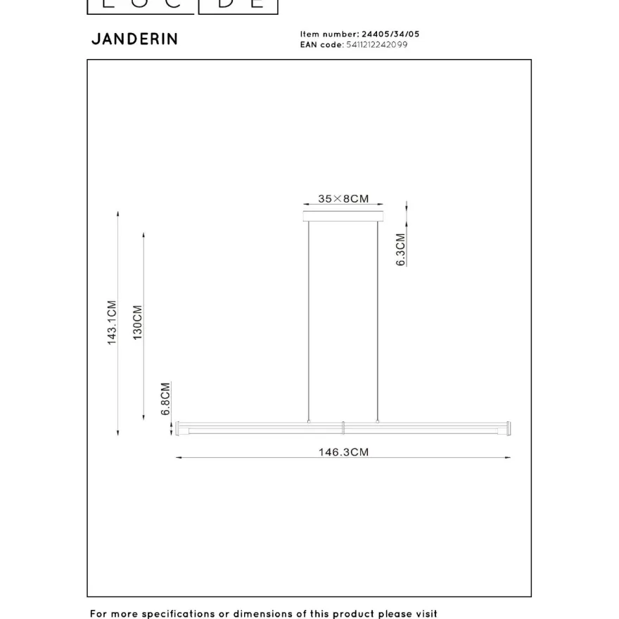 Riippuvalaisin Lucide Janderin, 146.3x8.3cm, IP20, 16.5W, messinki