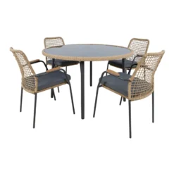 Ruokailuryhmä Home4You Prussia ø120cm + 4 tuolia, rottinki, harmaa/beige