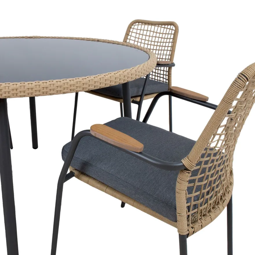 Ruokailuryhmä Home4You Prussia ø120cm + 4 tuolia, rottinki, harmaa/beige