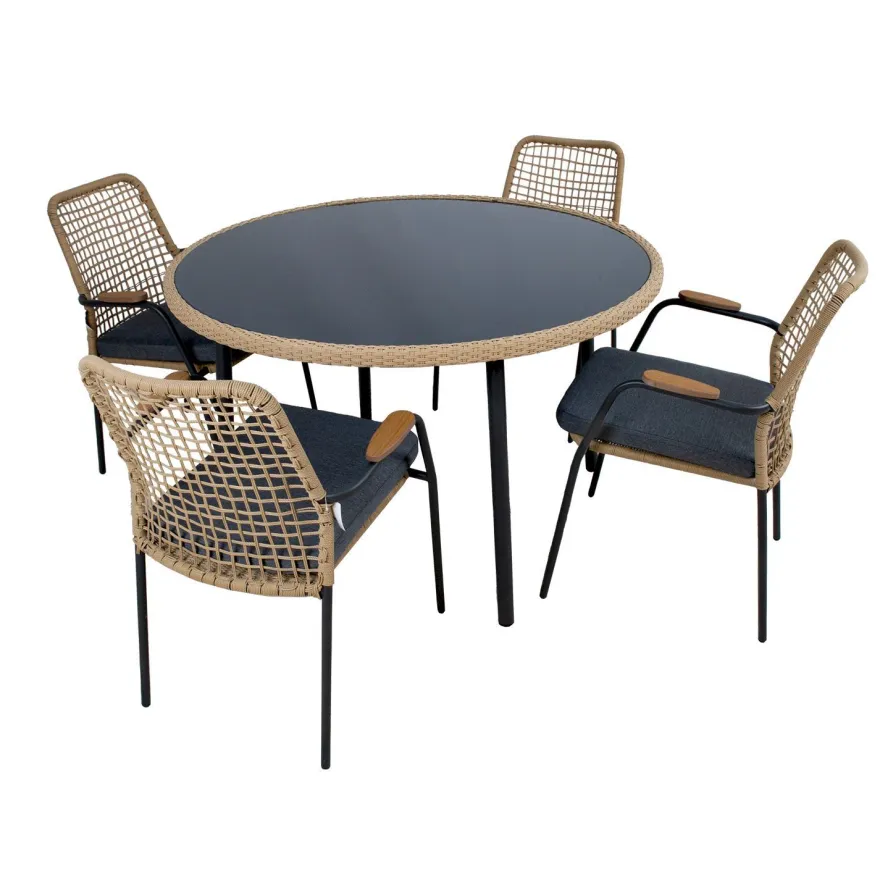 Ruokailuryhmä Home4You Prussia ø120cm + 4 tuolia, rottinki, harmaa/beige