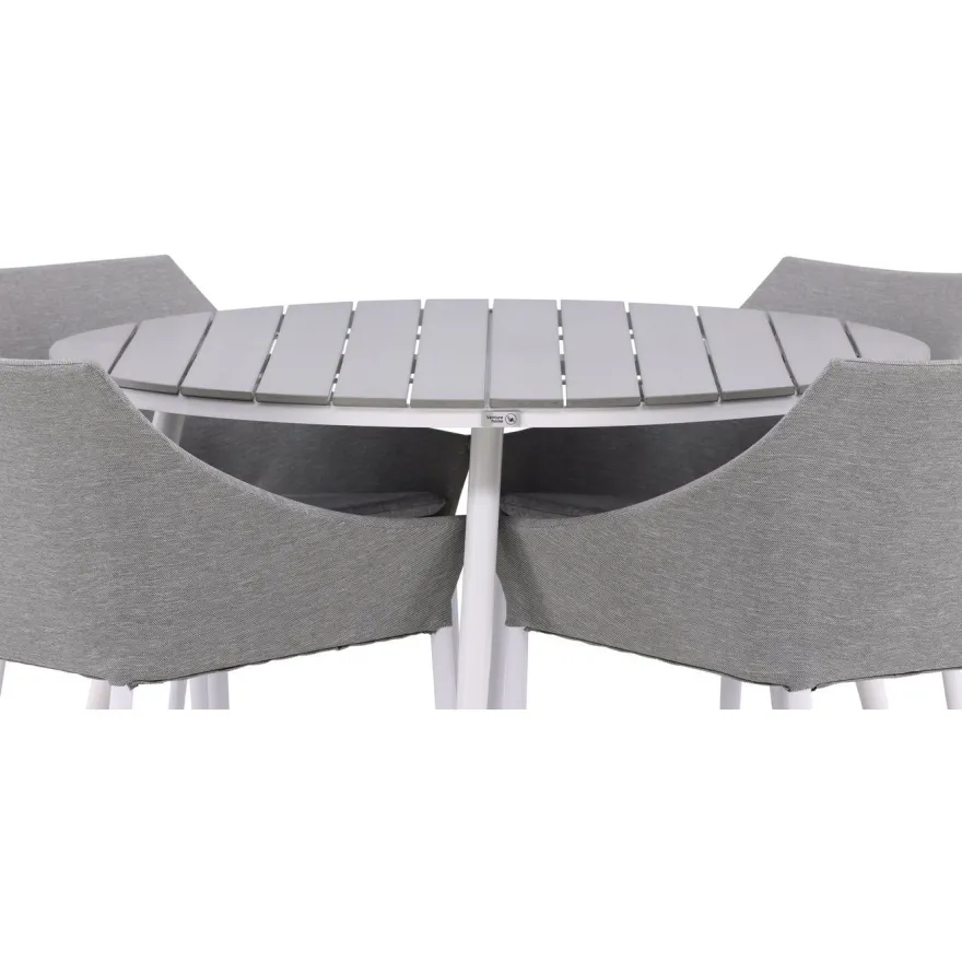 Ruokailuryhmä Venture Home, ø120cm harmaa/valkoinen Break-pöytä + 4 harmaa/valkoista Spoga-tuolia