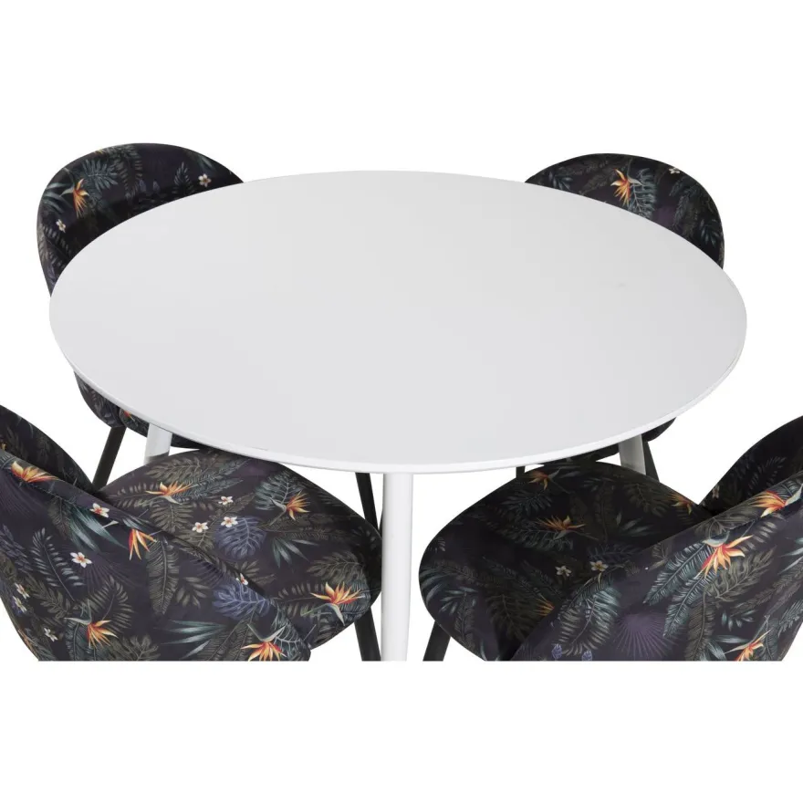 Ruokailuryhmä Venture Home, ⌀100cm valkoinen Plaza-pöytä + 4 mustaa Velvet-tuolia kukkakuosilla