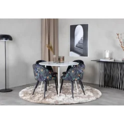 Ruokailuryhmä Venture Home, ⌀100cm valkoinen Plaza-pöytä + 4 mustaa Velvet-tuolia kukkakuosilla