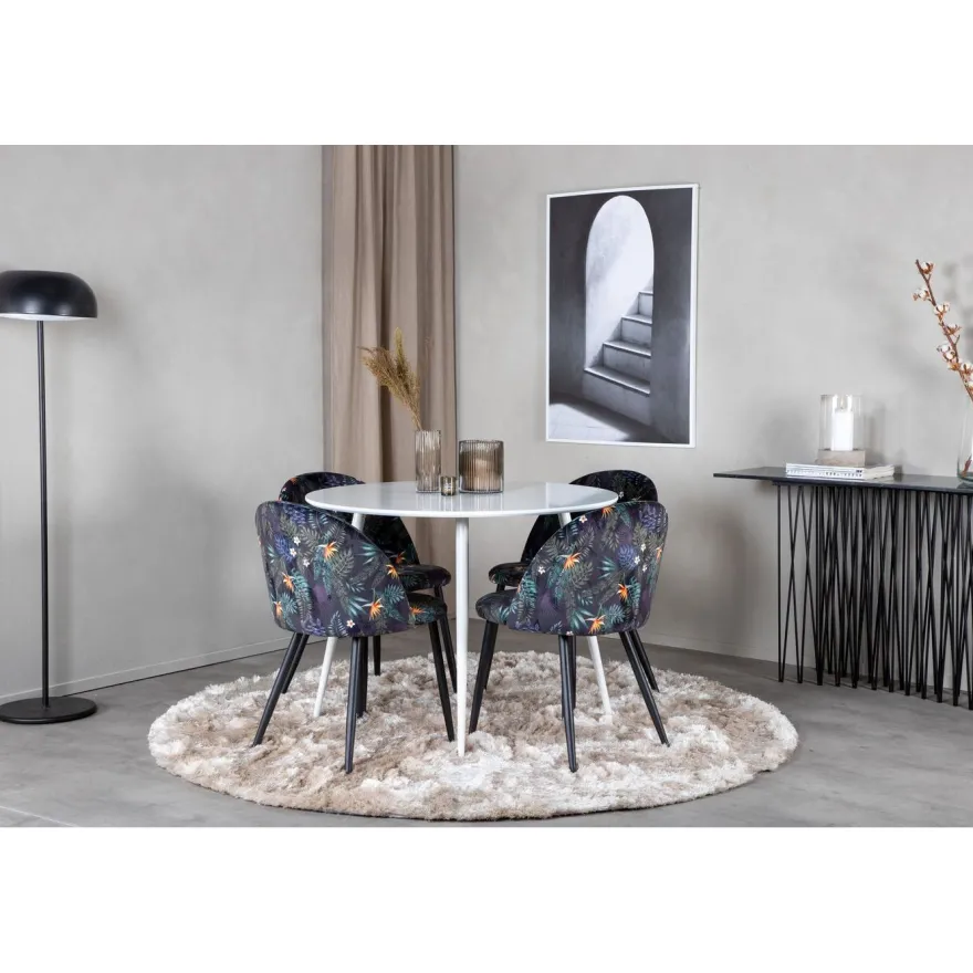 Ruokailuryhmä Venture Home, ⌀100cm valkoinen Plaza-pöytä + 4 mustaa Velvet-tuolia kukkakuosilla