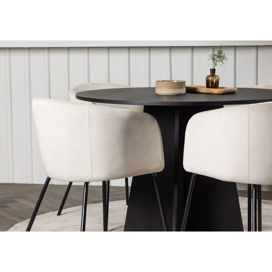 Ruokailuryhmä Venture Home, ⌀110cm musta Bootcut-pöytä + 4 beigeä Berit-tuolia, sametti