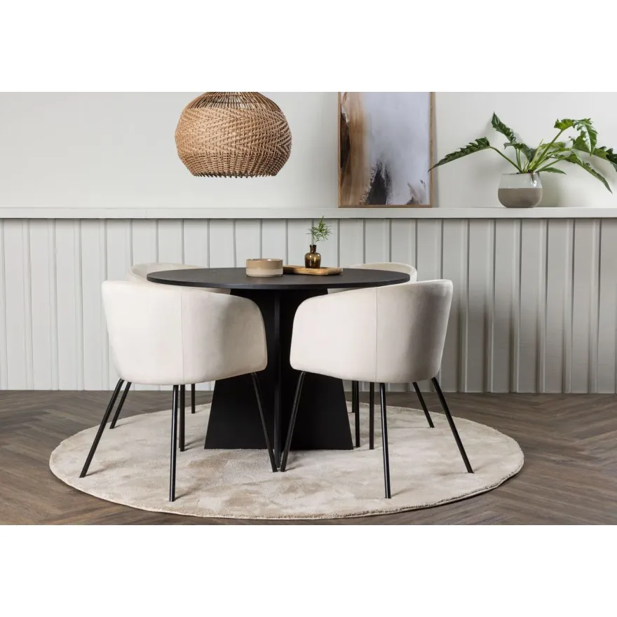 Ruokailuryhmä Venture Home, ⌀110cm musta Bootcut-pöytä + 4 beigeä Berit-tuolia, sametti