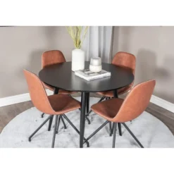 Ruokailuryhmä Venture Home, ⌀100cm musta Plaza-pöytä + 4 pyörivää Polar-tuolia, ruskea