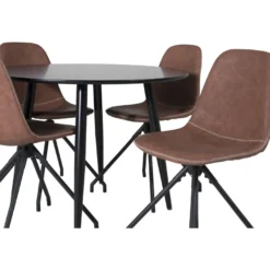 Ruokailuryhmä Venture Home, ⌀100cm musta Plaza-pöytä + 4 pyörivää Polar-tuolia, ruskea