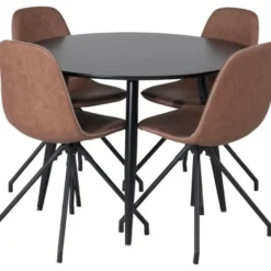 Ruokailuryhmä Venture Home, ⌀100cm musta Plaza-pöytä + 4 pyörivää Polar-tuolia, ruskea