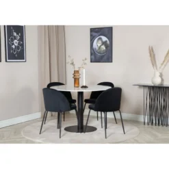 Ruokailuryhmä Venture Home, ⌀106cm valkoinen Estelle-pöytä + 4 mustaa Wrinkles-tuolia, sametti