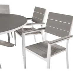 Ruokailuryhmä Venture Home, ø140cm, harmaa/valkoinen Copacabana-pöytä + 6 harmaa-valkoista, pinottavaa Levels-tuolia