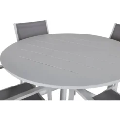 Ruokailuryhmä Venture Home, ø120cm valkoinen Alma-pöytä + 4 harmaa/valkoista, pinottavaa Copacabana-tuolia