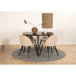 Ruokailuryhmä Venture Home, ⌀115cm musta Dipp-pöytä + 4 beigeä Velvet Stitches -tuolia