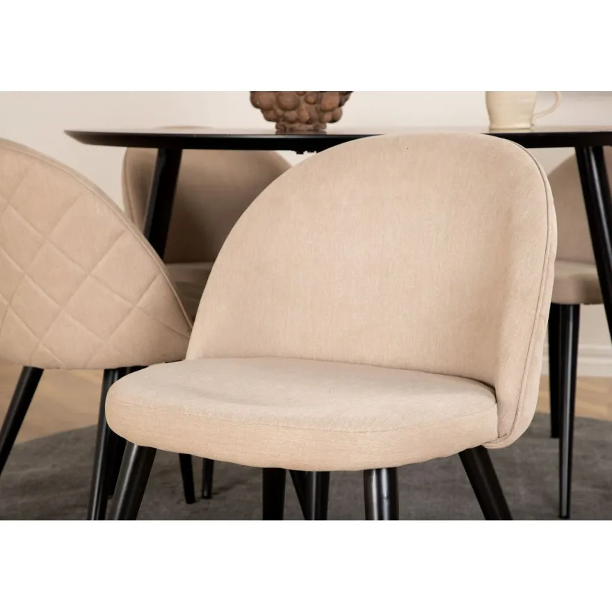 Ruokailuryhmä Venture Home, ⌀115cm musta Dipp-pöytä + 4 beigeä Velvet Stitches -tuolia