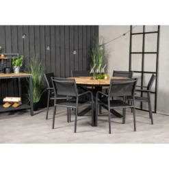 Ruokailuryhmä Venture Home, ø140cm tiikki/musta Mexico-pöytä + 6 mustaa, pinottavaa Santorini-tuolia