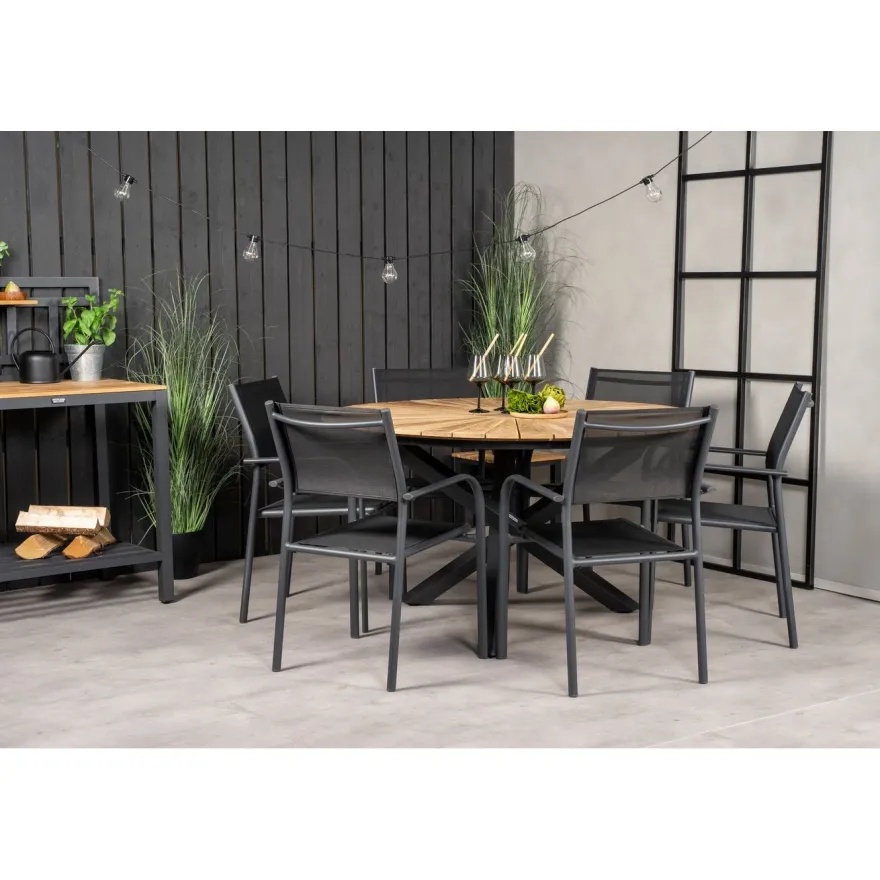Ruokailuryhmä Venture Home, ø140cm tiikki/musta Mexico-pöytä + 6 mustaa, pinottavaa Santorini-tuolia
