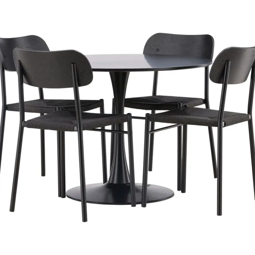 Ruokailuryhmä Venture Home, ⌀100cm musta Glade-pöytä + 4 mustaa Polly-tuolia
