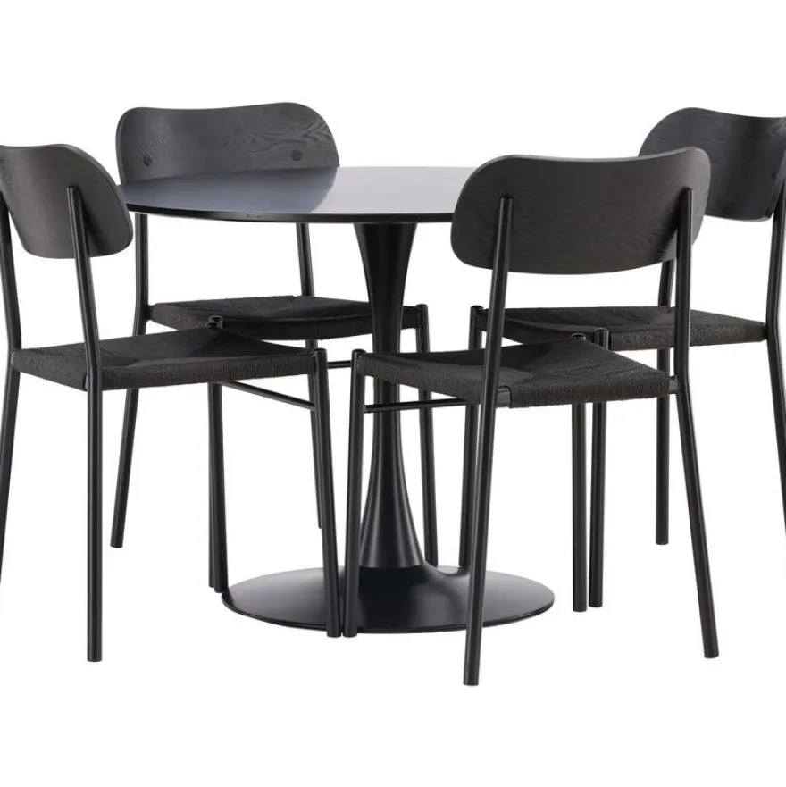 Ruokailuryhmä Venture Home, ⌀100cm musta Glade-pöytä + 4 mustaa Polly-tuolia