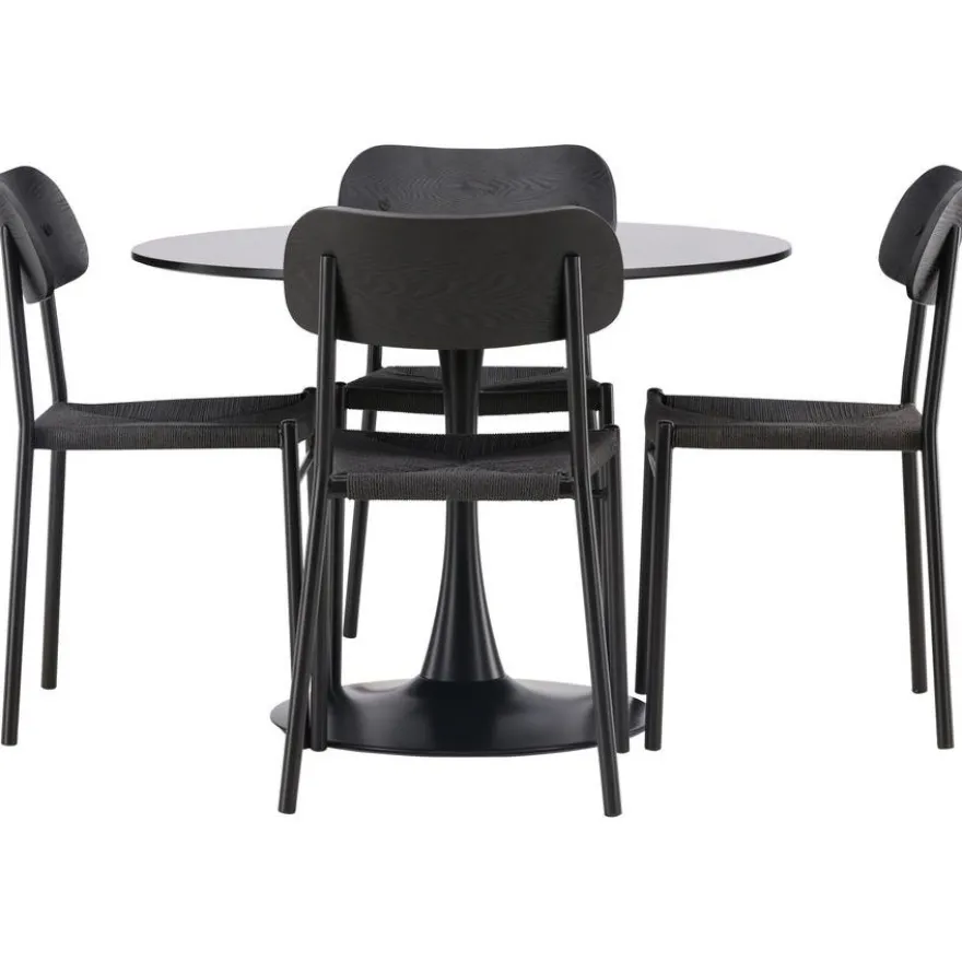 Ruokailuryhmä Venture Home, ⌀100cm musta Glade-pöytä + 4 mustaa Polly-tuolia