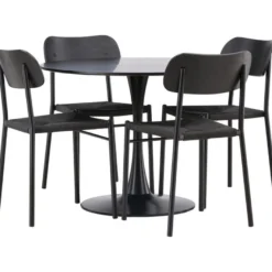 Ruokailuryhmä Venture Home, ⌀100cm musta Glade-pöytä + 4 mustaa Polly-tuolia