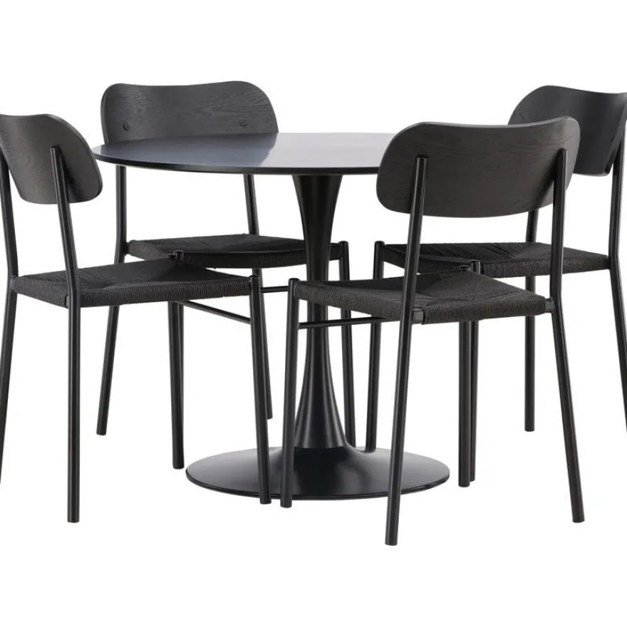 Ruokailuryhmä Venture Home, ⌀100cm musta Glade-pöytä + 4 mustaa Polly-tuolia